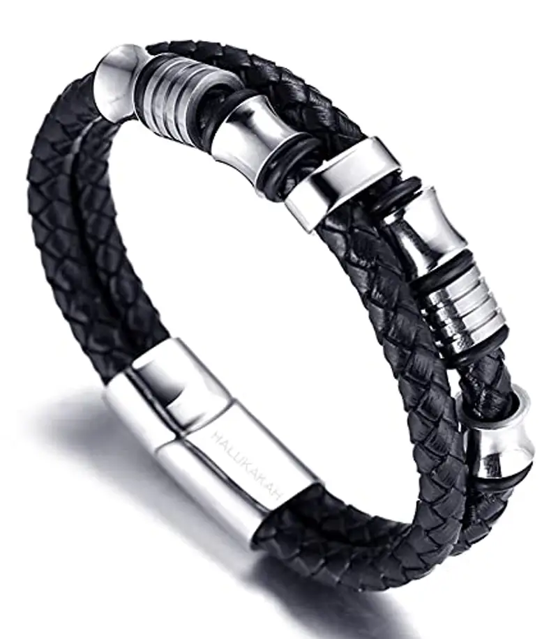 HALUKAKAH Bambini ? Assolo Junior ? Bracciale Ragazzo Maschio in Vera Pelle Cuoio Nero 6-12 Anni Perle in Argento Titanio Acciaio Chiusura Magnetica 7-8"(18-19.5cm) con Pacco Regalo Gratuita