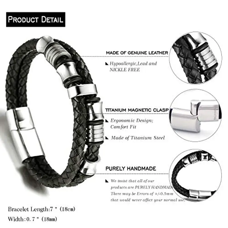 HALUKAKAH Bambini ? Assolo Junior ? Bracciale Ragazzo Maschio in Vera Pelle Cuoio Nero 6-12 Anni Perle in Argento Titanio Acciaio Chiusura Magnetica 7-8"(18-19.5cm) con Pacco Regalo Gratuita miniatura 2