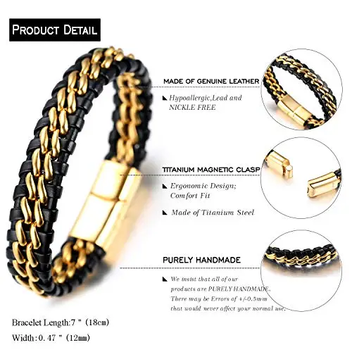 HALUKAKAH Bambini Bracciale Ragazzo Maschio in Vera Pelle Cuoio Nero ● Onora L'Oro ● 6-12 Anni Catena in Titanio miniatura 2