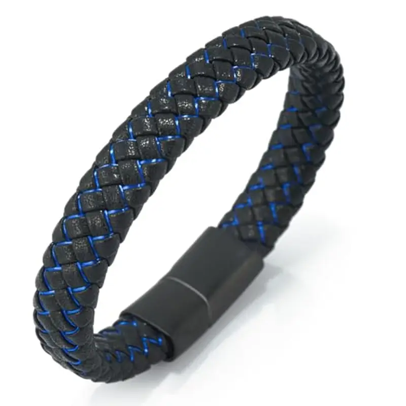 HALUKAKAH Bambini ? Jazz Junior ? Ragazzi Vera Pelle Treccia Fatta a Mano Nero Mix Blu Bracciale 6-12 Anni. Titanio Smerigliata Chiusura Magnetica 18cm con Confezione Regalo