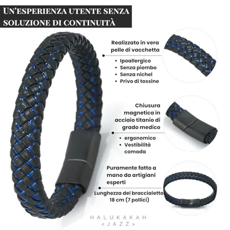 HALUKAKAH Bambini ? Jazz Junior ? Ragazzi Vera Pelle Treccia Fatta a Mano Nero Mix Blu Bracciale 6-12 Anni. Titanio Smerigliata Chiusura Magnetica 18cm con Confezione Regalo miniatura 2