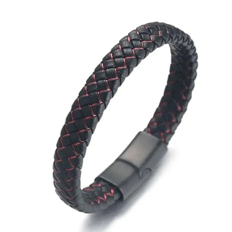 HALUKAKAH Bambini ? Jazz Junior ? Ragazzi Vera Pelle Treccia Fatta a Mano Nero Mix Rosso Bracciale 6-12 Anni. Titanio Smerigliata Chiusura Magnetica 18cm con Confezione Regalo