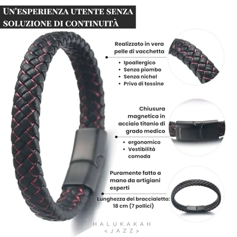HALUKAKAH Bambini ? Jazz Junior ? Ragazzi Vera Pelle Treccia Fatta a Mano Nero Mix Rosso Bracciale 6-12 Anni. Titanio Smerigliata Chiusura Magnetica 18cm con Confezione Regalo miniatura 2