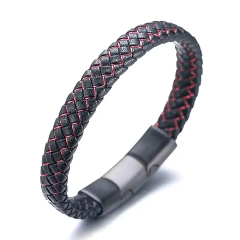 HALUKAKAH Bambini ? Jazz Junior ? Ragazzi Vera Pelle Treccia Fatta a Mano Nero Mix Rosso Bracciale 6-12 Anni. Titanio Smerigliata Chiusura Magnetica Taglia Regolabile 18-19.5cm con Confezione Regalo