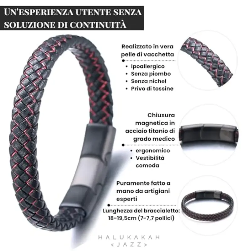 HALUKAKAH Bambini ? Jazz Junior ? Ragazzi Vera Pelle Treccia Fatta a Mano Nero Mix Rosso Bracciale 6-12 Anni. Titanio Smerigliata Chiusura Magnetica Taglia Regolabile 18-19.5cm con Confezione Regalo miniatura 2
