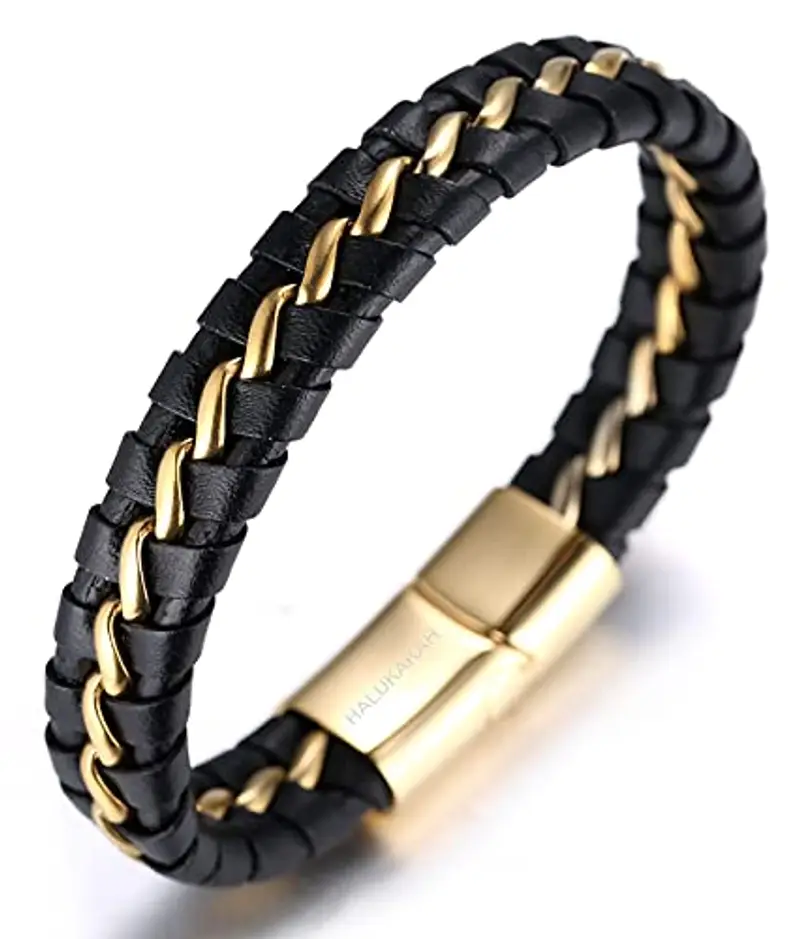 HALUKAKAH Bambini ? Onore Junior ? Bracciale Ragazzo Maschio in Vera Pelle Cuoio Nero 6-12 Anni Catena in Titanio Acciaio Oro Chiusura Magnetica 7"(18cm) con Pacco Regalo Gratuita