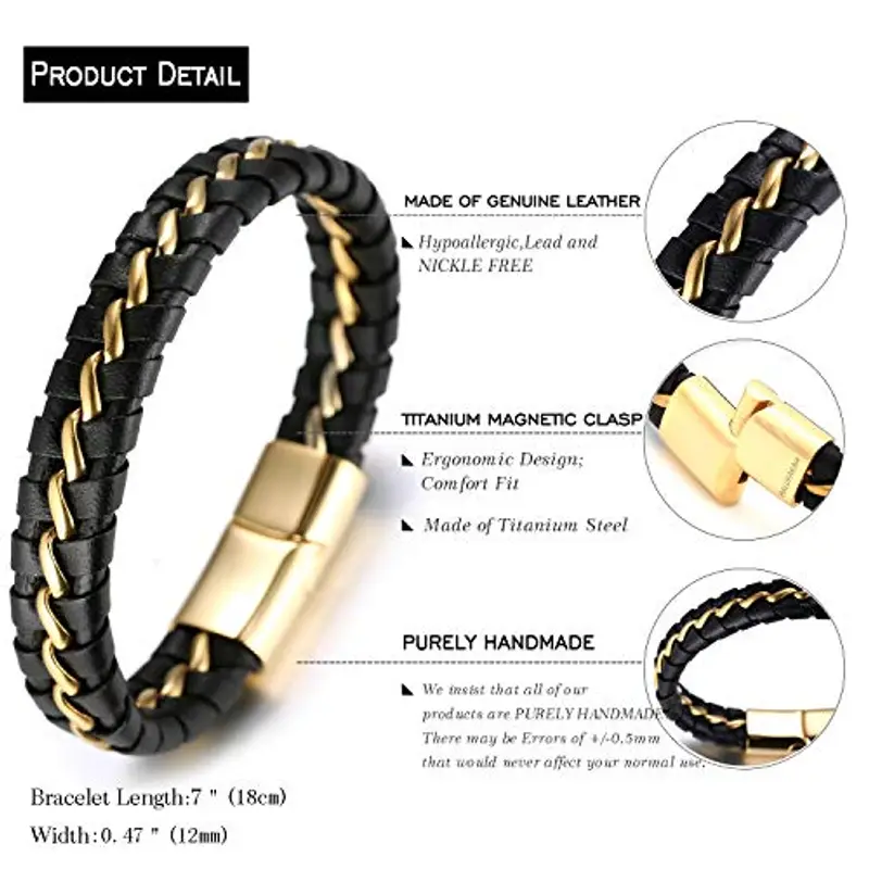 HALUKAKAH Bambini ? Onore Junior ? Bracciale Ragazzo Maschio in Vera Pelle Cuoio Nero 6-12 Anni Catena in Titanio Acciaio Oro Chiusura Magnetica 7"(18cm) con Pacco Regalo Gratuita miniatura 2