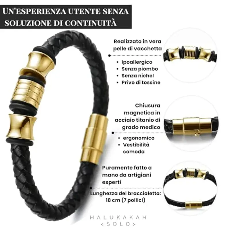 HALUKAKAH Bambini ? Onore Junior ? Bracciale Ragazzo Maschio in Vera Pelle Cuoio Nero 6-12 Anni Perle in Oro Argento miniatura 2