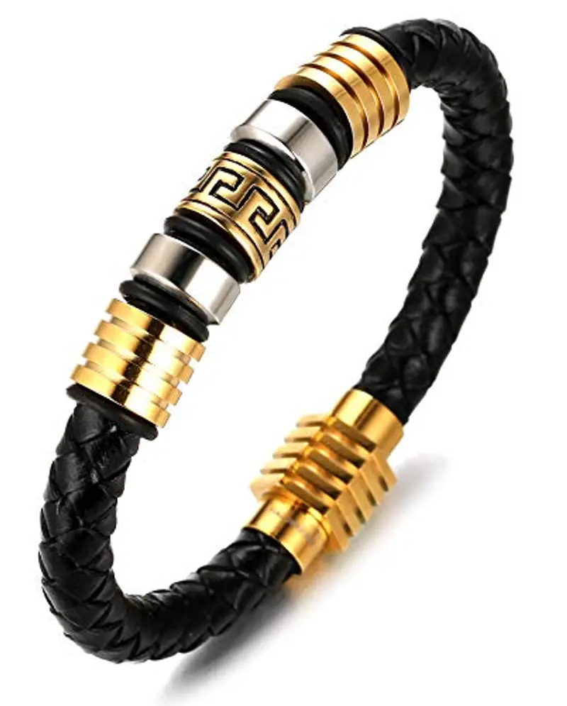 HALUKAKAH Bambini ? Onore Junior ? Bracciale Ragazzo Maschio Vera Pelle Cuoio Nero 6-12 Anni Pattern di Mattoni d'oro Chiusura Magnetica Titanio Acciaio 7"(18cm) con Pacco Regalo Gratuita