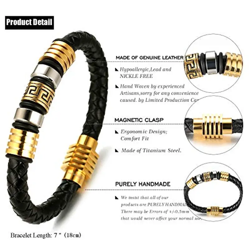 HALUKAKAH Bambini ? Onore Junior ? Bracciale Ragazzo Maschio Vera Pelle Cuoio Nero 6-12 Anni Pattern di Mattoni d'oro Chiusura Magnetica Titanio Acciaio 7"(18cm) con Pacco Regalo Gratuita miniatura 2