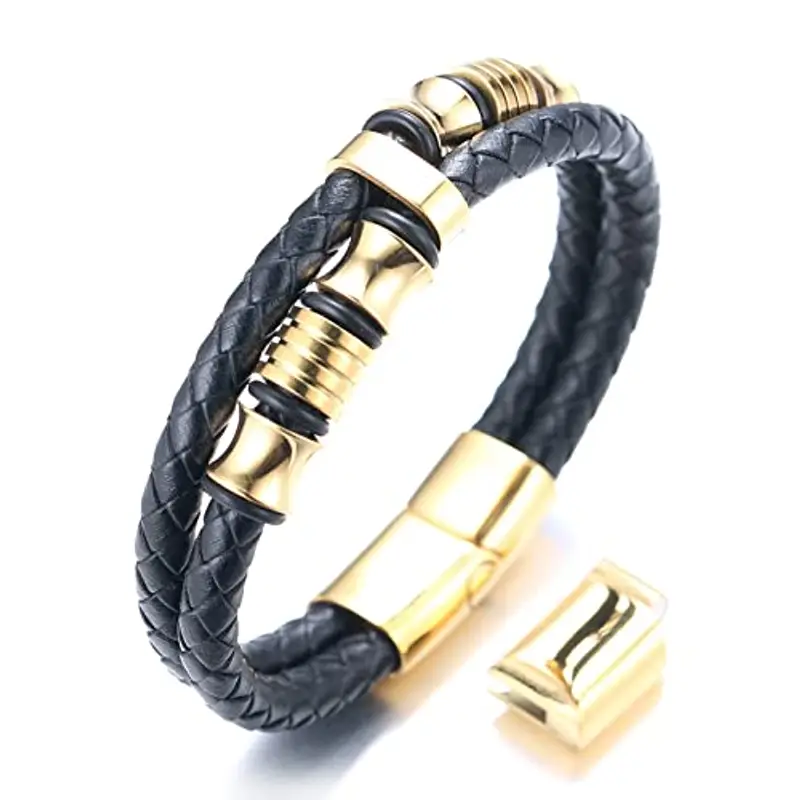 HALUKAKAH Bambini ? Onore Junior Junior ? Ragazzi Bracciale in Vera Pelle 6-12 Anni. Titanio Onore Oro Perline Chiusura Magnetica Dorata Taglia Regolabile 18-19.5cm con Confezione Regalo Gratuita
