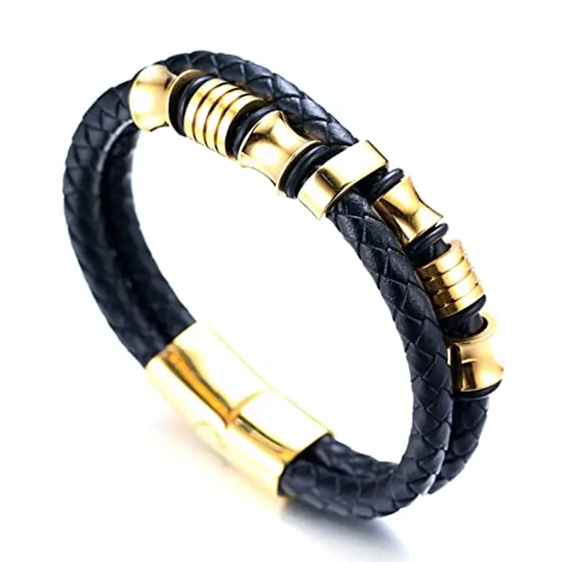 HALUKAKAH Bambini ? Onore Junior ? Ragazzi Bracciale in Vera Pelle 6-12 Anni. Titanio Onore Oro Perline Chiusura Magnetica Dorata 18cm con Confezione Regalo Gratuita