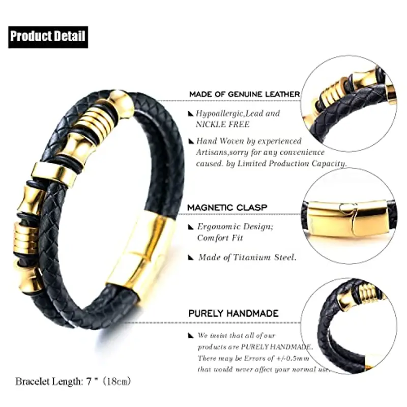 HALUKAKAH Bambini ? Onore Junior ? Ragazzi Bracciale in Vera Pelle 6-12 Anni. Titanio Onore Oro Perline Chiusura Magnetica Dorata 18cm con Confezione Regalo Gratuita miniatura 2