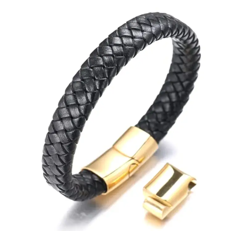 HALUKAKAH Bambini ? Solo Junior ? Bracciale Ragazzo Maschio in Vera Pelle Cuoio Classico Nero 6-12 Anni Chiusura Magnetica D'oro in Titanio Acciaio Taglia Regolabile 18-19.5cm con Pacco Regalo