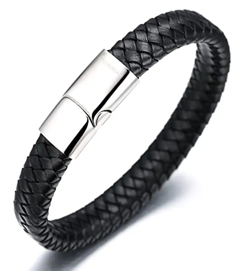 HALUKAKAH Bambini ? Solo Junior ? Bracciale Ragazzo Maschio in Vera Pelle Cuoio Classico Nero 6-12 Anni Chiusura Magnetica in Titanio Acciaio 18cm con Pacco Regalo Gratuita
