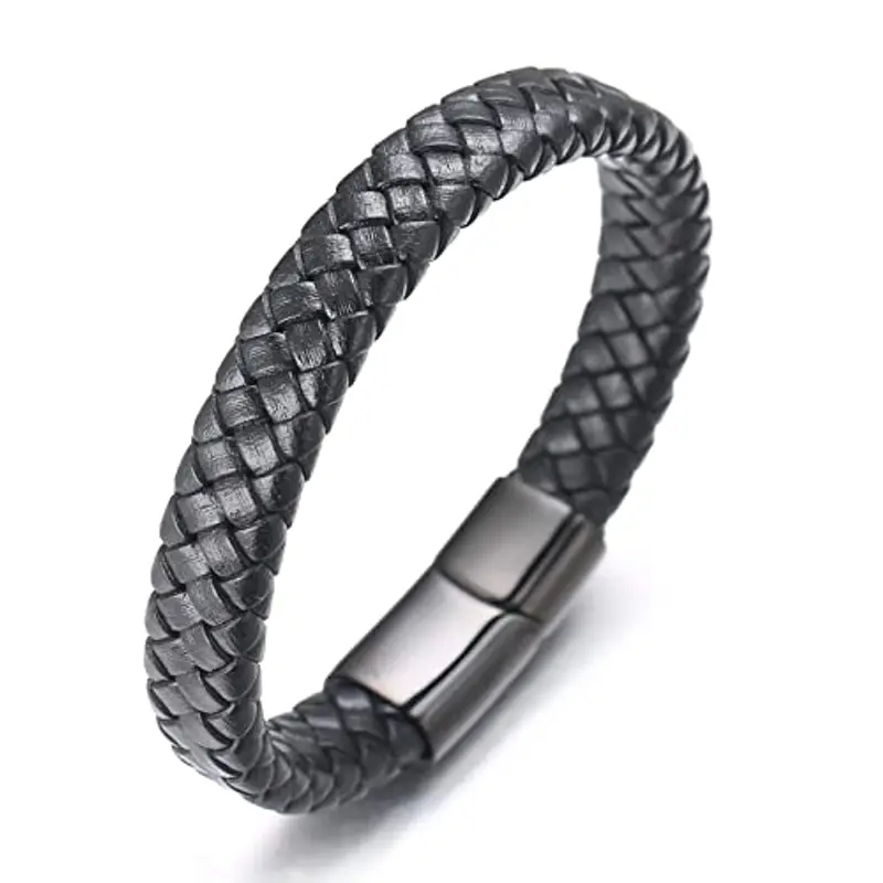 HALUKAKAH Bambini ? Solo Junior ? Bracciale Ragazzo Maschio in Vera Pelle Cuoio Classico Nero 6-12 Anni Chiusura Magnetica Nero in Titanio Acciaio 7"(18cm),con Pacco Regalo