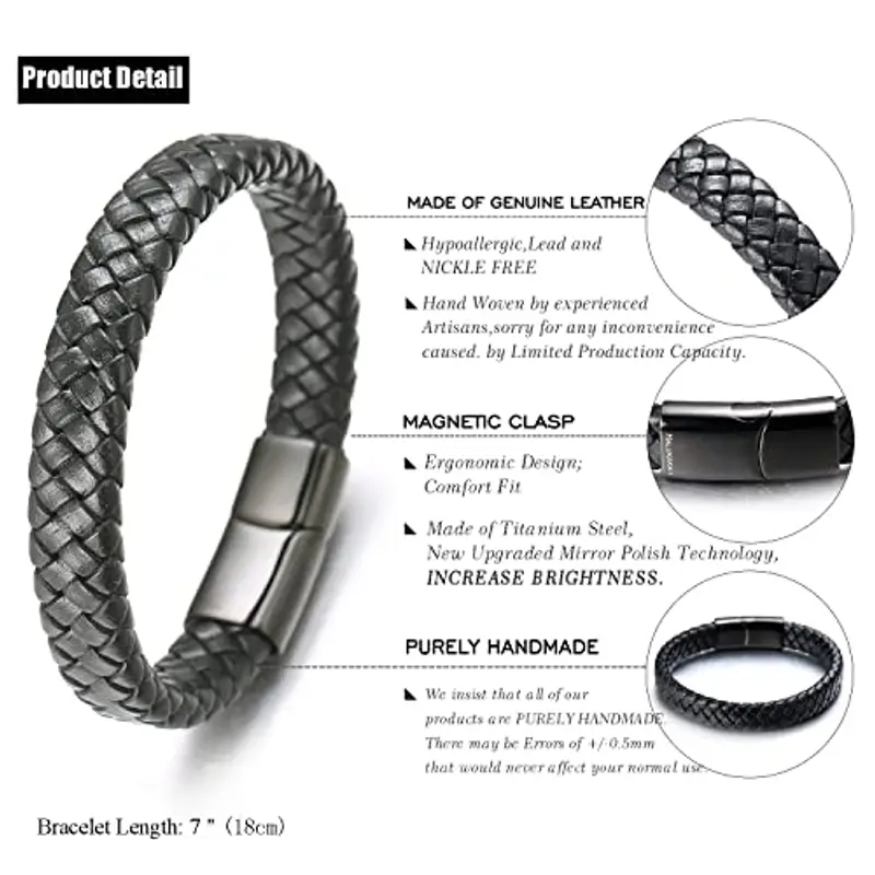 HALUKAKAH Bambini ? Solo Junior ? Bracciale Ragazzo Maschio in Vera Pelle Cuoio Classico Nero 6-12 Anni Chiusura Magnetica Nero in Titanio Acciaio 7"(18cm), con Pacco Regalo miniatura 2