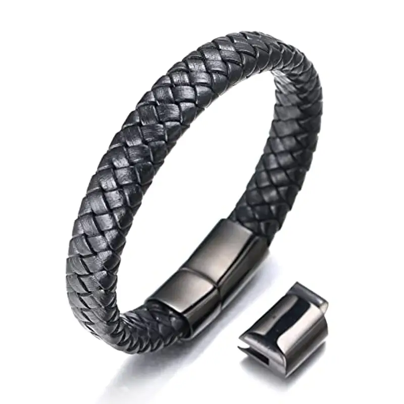 HALUKAKAH Bambini ? Solo Junior ? Bracciale Ragazzo Maschio in Vera Pelle Cuoio Classico Nero 6-12 Anni Chiusura Magnetica Nero in Titanio Acciaio Taglia Regolabile 18-19.5cm con Pacco Regalo