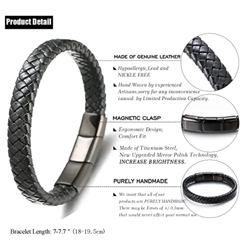 HALUKAKAH Bambini ? Solo Junior ? Bracciale Ragazzo Maschio in Vera Pelle Cuoio Classico Nero 6-12 Anni Chiusura Magnetica Nero in Titanio Acciaio Taglia Regolabile 18-19.5cm con Pacco Regalo miniatura 2