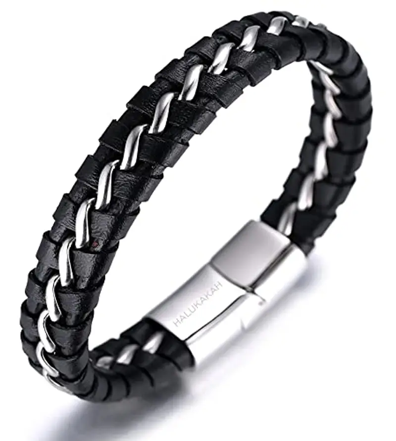 HALUKAKAH Bambini ? Solo Junior ? Bracciale Ragazzo Maschio in Vera Pelle Cuoio Nero 6-12 Anni Catena in Titanio Acciaio Argento Chiusura Magnetica 7"(18cm) con Pacco Regalo Gratuita