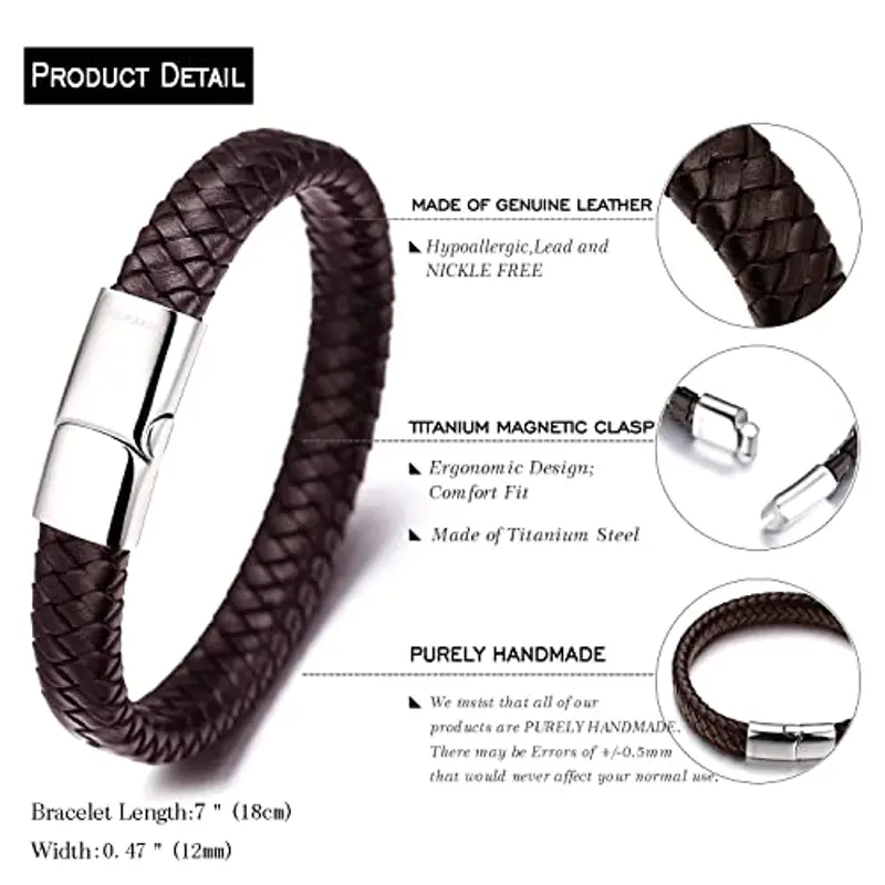 HALUKAKAH Bambini ? Solo Junior ? Bracciale Ragazzo Maschio Vera Pelle Cuoio Marrone 6-12+3 Anni Chiusura Magnetica in Titanio Acciaio Taglia Regolabile 18-19.5cm con Pacco Regalo Gratuita miniatura 2