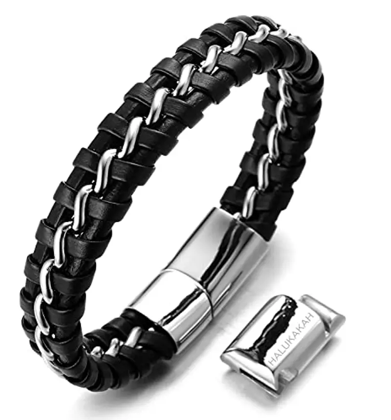 HALUKAKAH Bambini ? Solo Junior ? Bracciale Ragazzo Maschio Vera Pelle Cuoio Nero 6-12+3 Anni Catena Titanio Acciaio Argento Chiusura Magnetica Taglia Regolabile 18-19.5cm con Pacco Regalo Gratuita