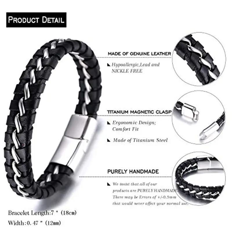 HALUKAKAH Bambini ? Solo Junior ? Bracciale Ragazzo Maschio Vera Pelle Cuoio Nero 6-12+3 Anni Catena Titanio Acciaio Argento Chiusura Magnetica Taglia Regolabile 18-19.5cm con Pacco Regalo Gratuita miniatura 2