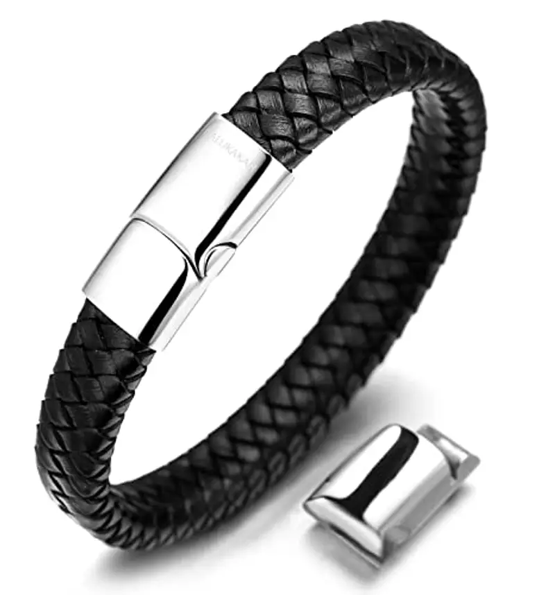 HALUKAKAH Bambini ? Solo Junior ? Bracciale Ragazzo Maschio Vera Pelle Cuoio Nero 6-12+3 Anni Chiusura Magnetica in Titanio Acciaio Taglia Regolabile 18-19.5cm con Pacco Regalo Gratuita