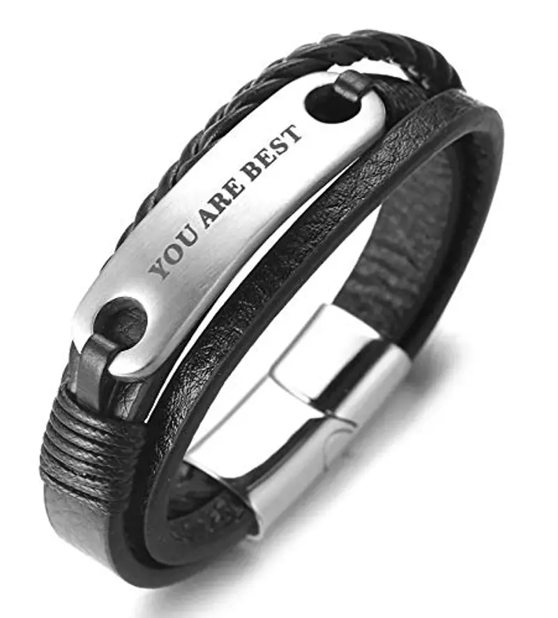 HALUKAKAH Bambini ? You Are Best ? Bracciale Ragazzo Maschio in Vera Pelle Cuoio Nero 6-12 Anni Titanio Acciaio Chiusura Magnetica in Argento 7"(18cm) con Pacco Regalo Gratuita