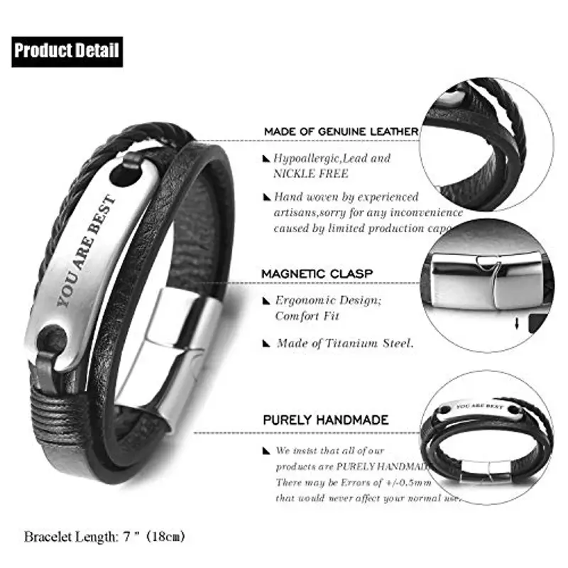 HALUKAKAH Bambini ? You Are Best ? Bracciale Ragazzo Maschio in Vera Pelle Cuoio Nero 6-12 Anni Titanio Acciaio Chiusura Magnetica in Argento 7"(18cm) con Pacco Regalo Gratuita miniatura 2