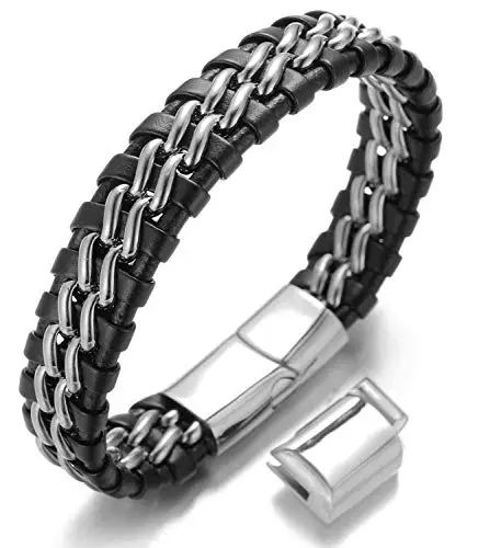 HALUKAKAH Boy's Kids Bracelet Leather ● Solo Silver ● 6-12 Y/O. Titanium Chain Magnetic Clasp 7-8"/18
