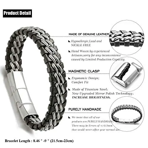 HALUKAKAH Boy's Kids Bracelet Leather ● Solo Silver ● 6-12 Y/O. Titanium Chain Magnetic Clasp 7-8"/18 miniatura 2