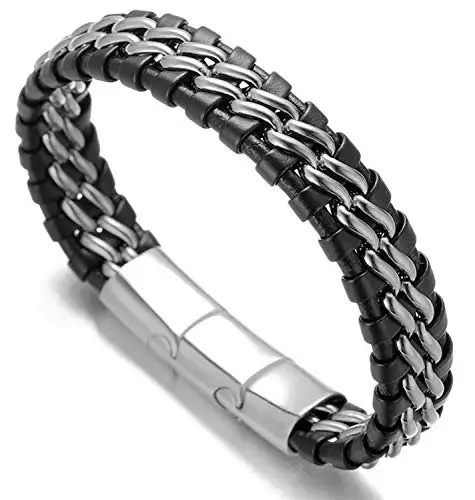 HALUKAKAH Boy's Kids Bracelet Leather ● Solo Silver ● 6-12 Y/O. Titanium Chain Magnetic Clasp 7-8"/18 miniatura 3