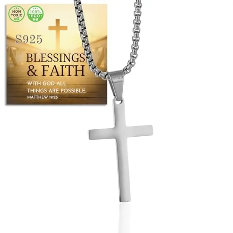 Halukakah Collana con Croce in Argento Sterling 925 per Ragazzi -Piccolo Ciondolo a Croce Placcato Platino con Catena in Acciaio Inossidabile -Completo di Scheda con Messaggio Biblico e Scatola Regalo