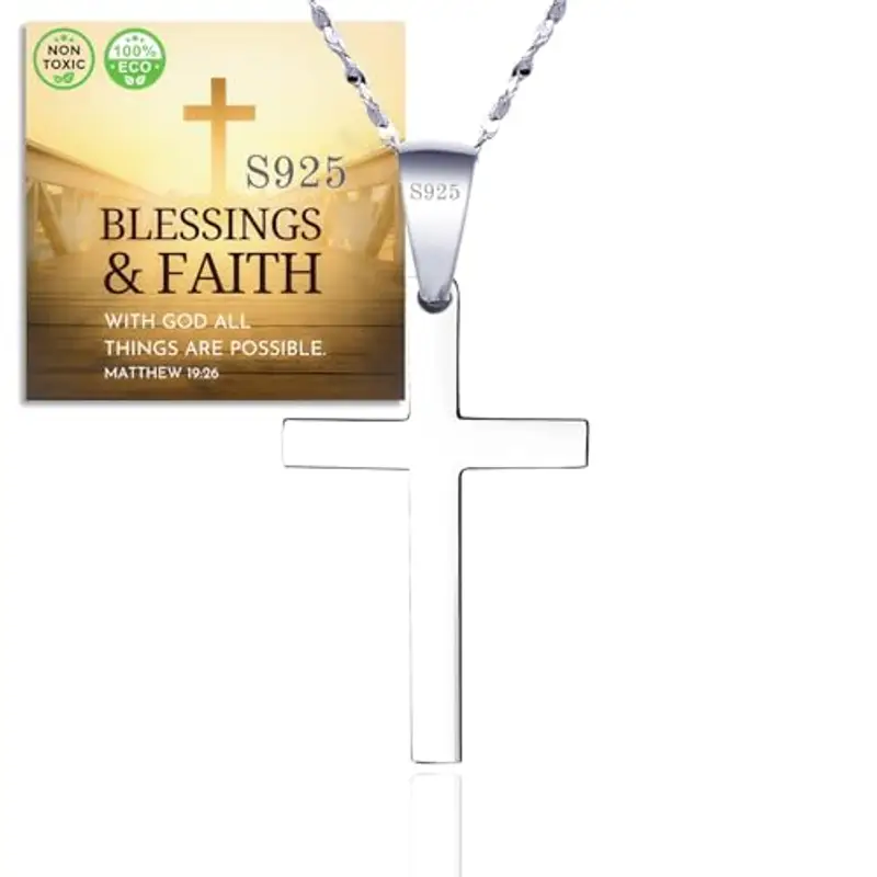 Halukakah Collana con Croce in Argento Sterling 925 per Ragazzi -Piccolo Ciondolo a Croce Placcato Platino con Catena in Argento Sterling 925 -Completo di Scheda con Messaggio Biblico e Scatola Regalo