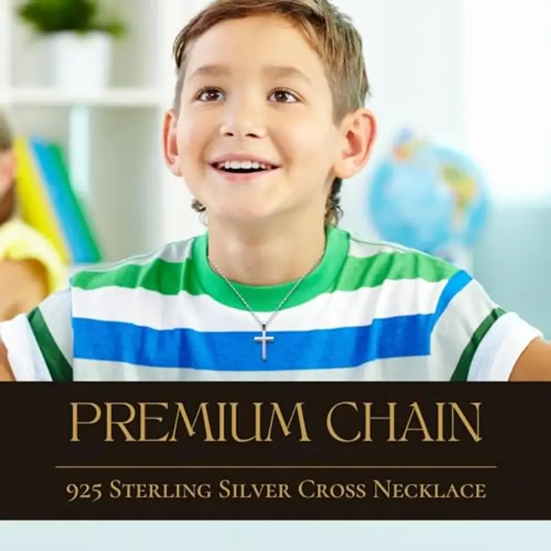 Halukakah Collana con Croce in Argento Sterling 925 per Ragazzi -Piccolo Ciondolo a Croce Placcato Platino con Catena in Argento Sterling 925 -Completo di Scheda con Messaggio Biblico e Scatola Regalo miniatura 2