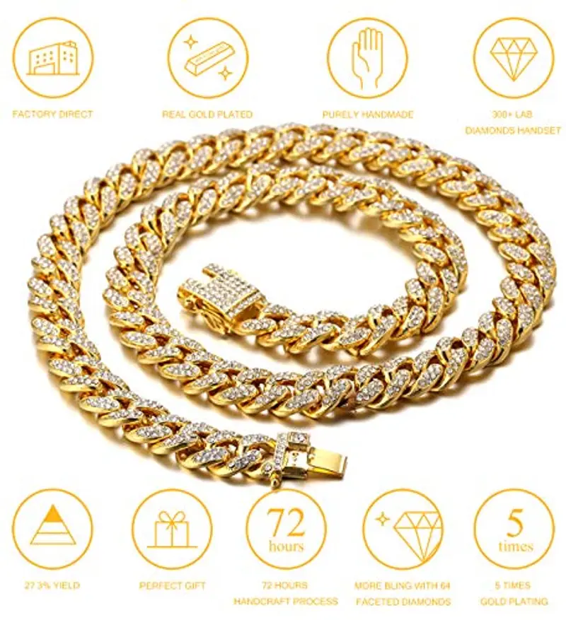 HALUKAKAH Diamante Catena Cubana per Ragazzo, 14MM Ragazzi Placcato in Oro Reale 18 Carati Collana 45cm, Diamanti da Laboratorio Set di Punte 8-15 Y/O.Confezione Regalo Gratuita miniatura 3