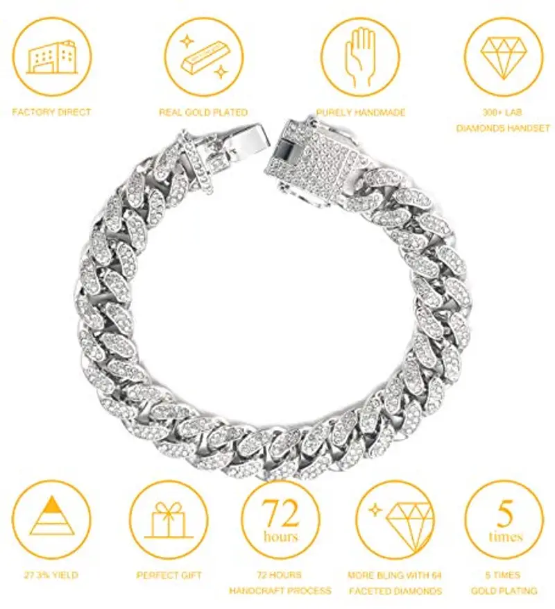 HALUKAKAH Diamante Catena Cubana per Ragazzo, 14MM Ragazzi Platino Placcato in Oro Bianco Braccialetto 18cm, Diamanti da Laboratorio Set di Punte 8-15 Y/O.Confezione Regalo Gratuita miniatura 3