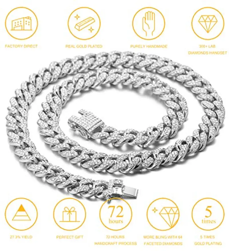 HALUKAKAH Diamante Catena Cubana per Ragazzo, 14MM Ragazzi Platino Placcato in Oro Bianco Collana 35cm, Diamanti da Laboratorio Set di Punte 8-15 Y/O.Confezione Regalo Gratuita miniatura 3