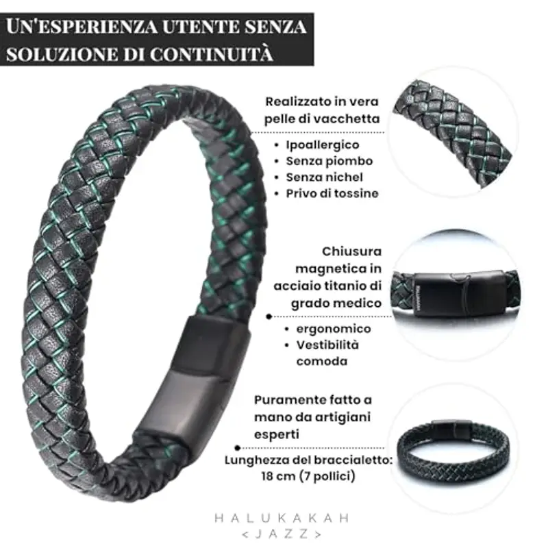 HALUKAKAH ? Jazz Junior ? Ragazzi Vera Pelle Treccia Fatta a Mano Nero Mix Verde Bracciale 6-12 Anni. Titanio Smerigliata Chiusura Magnetica 18cm con Confezione Regalo miniatura 2