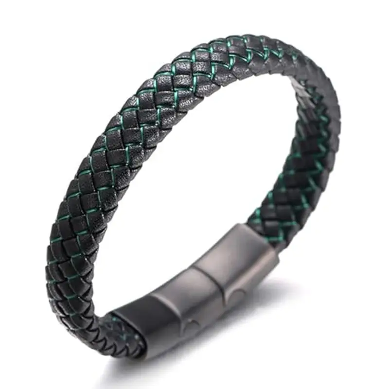 HALUKAKAH ? Jazz Junior ? Ragazzi Vera Pelle Treccia Fatta a Mano Nero Mix Verde Bracciale 6-12 Anni. Titanio Smerigliata Chiusura Magnetica Taglia Regolabile 18-19.5cm con Confezione Regalo