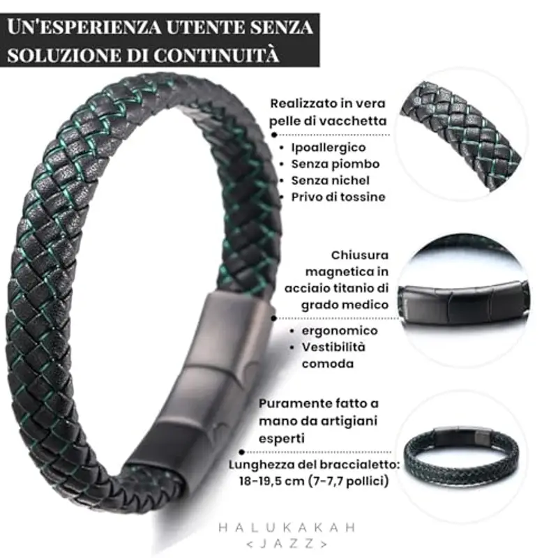 HALUKAKAH ? Jazz Junior ? Ragazzi Vera Pelle Treccia Fatta a Mano Nero Mix Verde Bracciale 6-12 Anni. Titanio Smerigliata Chiusura Magnetica Taglia Regolabile 18-19.5cm con Confezione Regalo miniatura 2