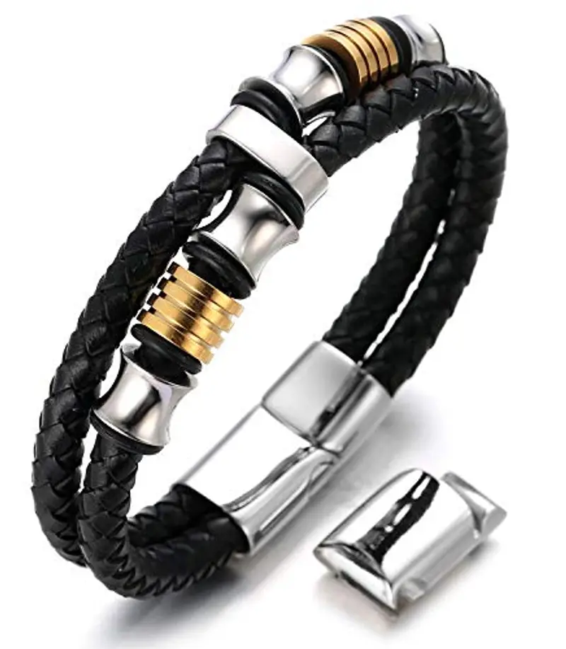 HALUKAKAH Kids ? Honour Junior ? Boy's Genuine Leather Bracelet 6-12 Y/O. with Titanium Beads Silver & Golden Magentic Clasp 7-8"/18-19.5cm with Free Giftbox