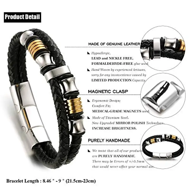 HALUKAKAH Kids ? Honour Junior ? Boy's Genuine Leather Bracelet 6-12 Y/O. with Titanium Beads Silver & Golden Magentic Clasp 7-8"/18-19.5cm with Free Giftbox miniatura 2