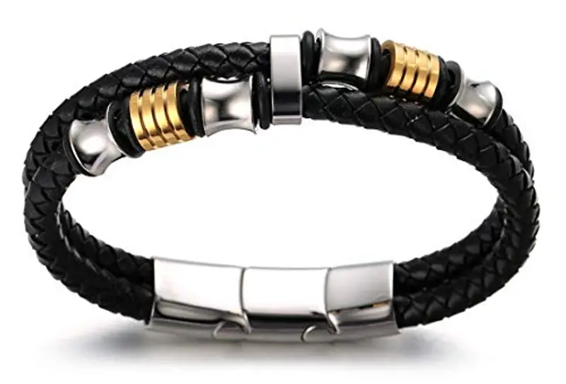 HALUKAKAH Kids ? Honour Junior ? Boy's Genuine Leather Bracelet 6-12 Y/O. with Titanium Beads Silver & Golden Magentic Clasp 7-8"/18-19.5cm with Free Giftbox miniatura 3
