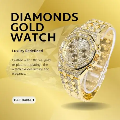 HALUKAKAH Orologio con Diamanti in Oro per Ragazzi, Adolescenti, Bambini - Placcato in Oro 18K, Quadrante Ottagonale 40mm miniatura 2