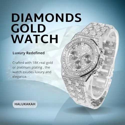 HALUKAKAH Orologio con Diamanti in Oro per Ragazzi, Adolescenti - Placcato in Platino, Quadrante Ottagonale 40mm con miniatura 2