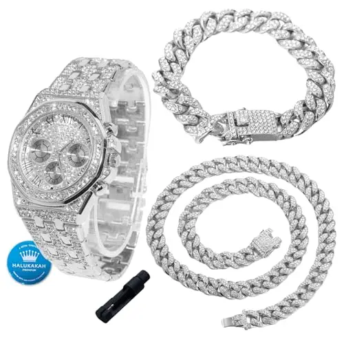 HALUKAKAH Orologio con Diamanti per Ragazzi,Adolescenti - Placcato in Platino,Quadrante Ottagonale 40mm con Numeri