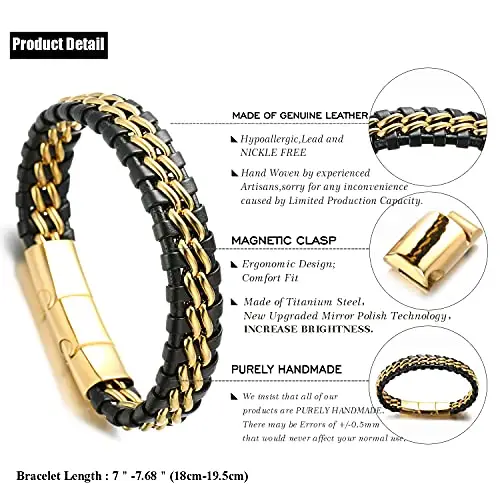 HALUKAKAH Ragazzi Bambini Braccialetto Pelle ● Onore d'oro ● 6-12 anni.Catena in Titanio Chiusura Magnetica miniatura 2