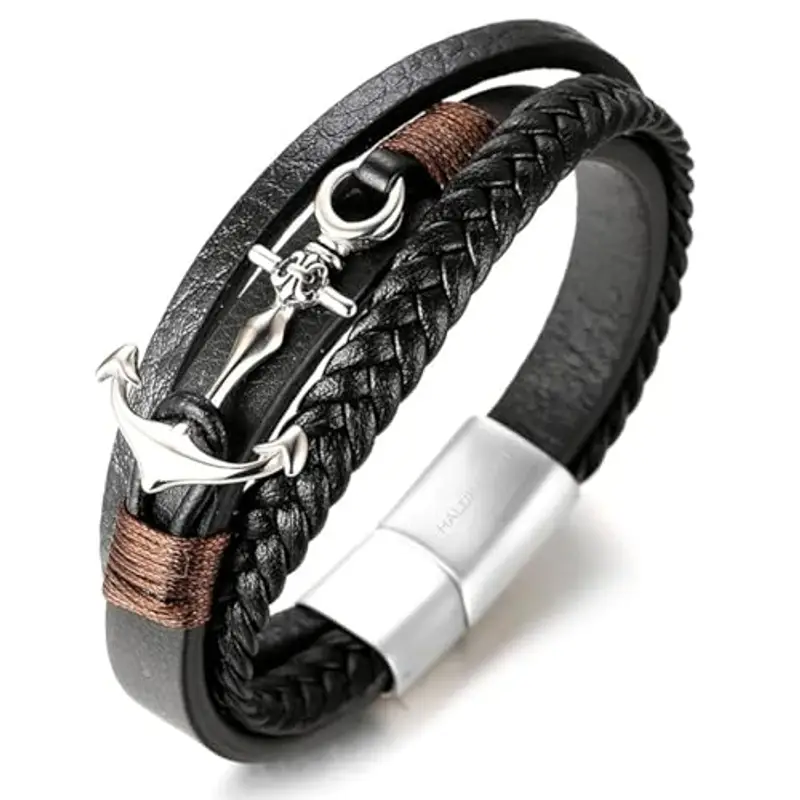 HALUKAKAH Ragazzo ?Vela Junior? Ragazzi Vera Pelle Treccia Fatta a Mano Ancora Braccialetto 13-16 Anni/a. Titanio Opaco Argento Chiusura Magnetica 18cm con Confezione Regalo